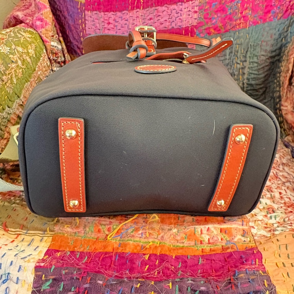 Dooney & Bourke Navy and Tan Leather Trim Drawstring Backpack - Picture 2 of 8